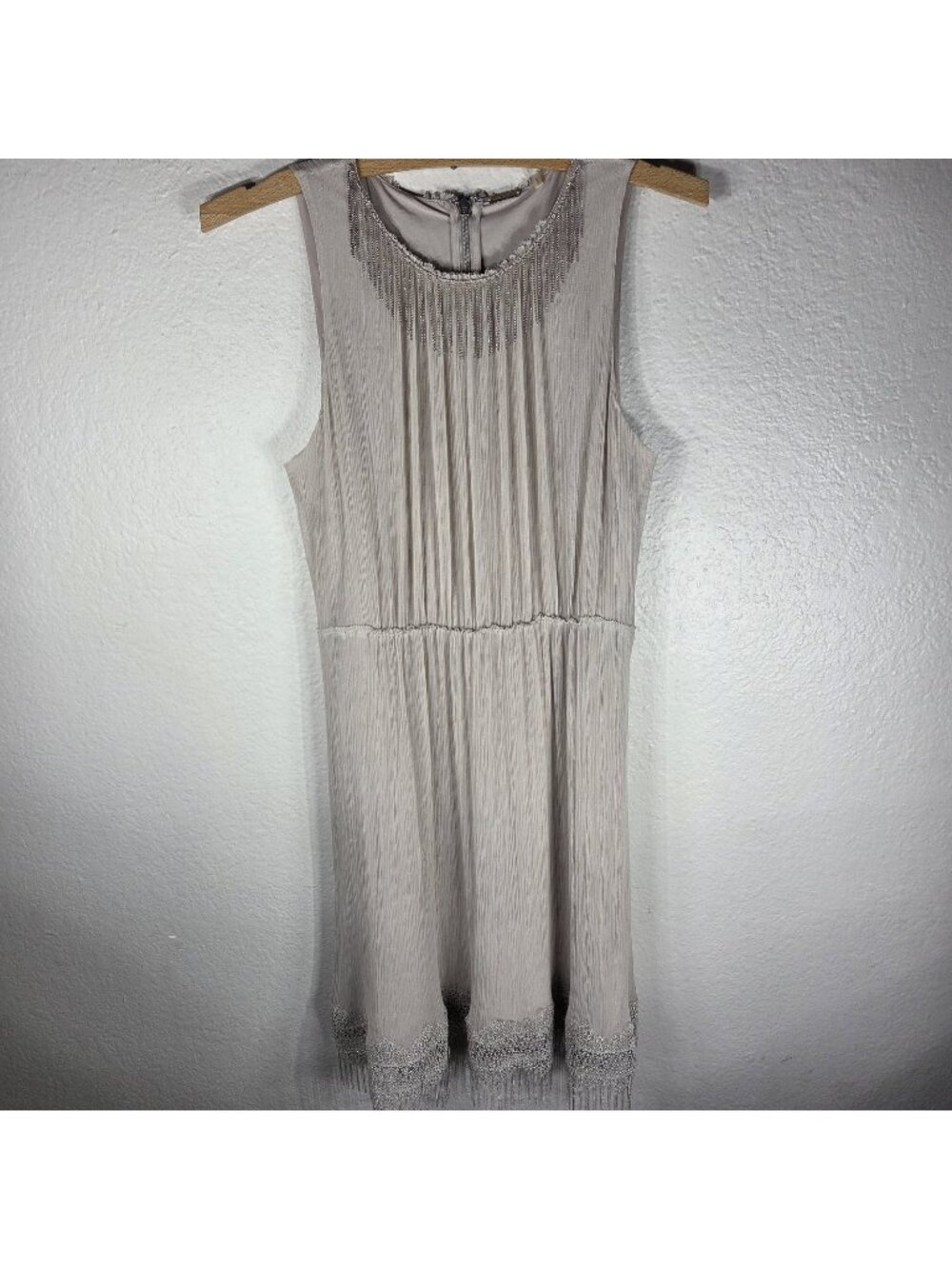 Elie Tahari Demetria Dress Midi Silk Metallic Beaded Fringe Taupe Size 4 Pleated